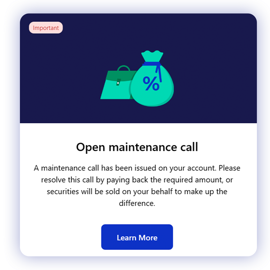 M1 Finance account notification about an open maintenance call with learn more button