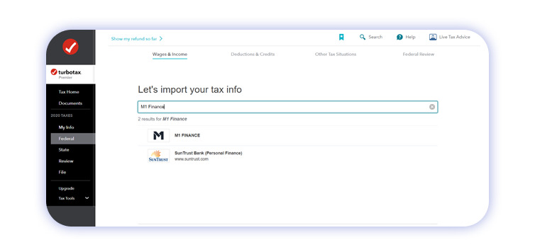 TurboTax enter M1 Finance to import tax information