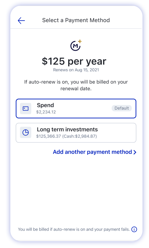 M1 Finance mobile account screen showing confirm default payment method as Invest