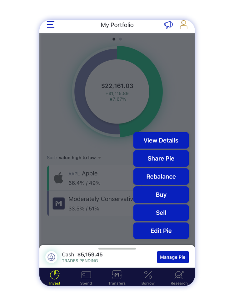 M1 Finance mobile account screen manage pie, edit pie